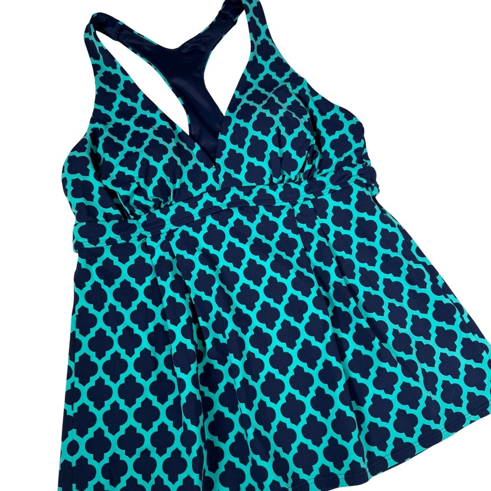 Lands' End‎ Womens 8 Teal Navy Trellis Racerback Tankini Swim Top 497400